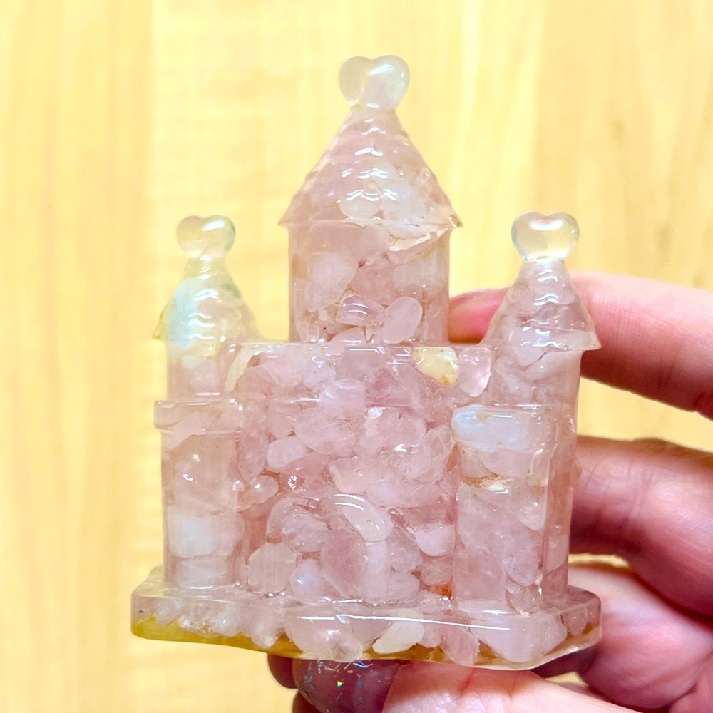 Rose Quartz filled resin castle pink heart castle
